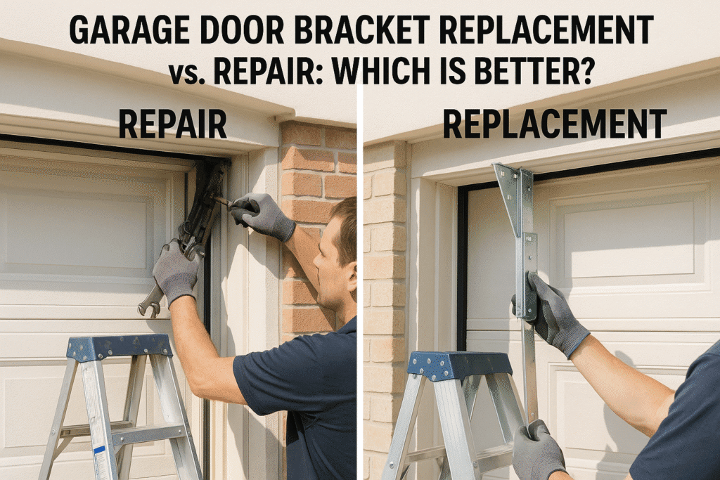 Garage door bracket repair in progress with technician adjusting metal support hardware.