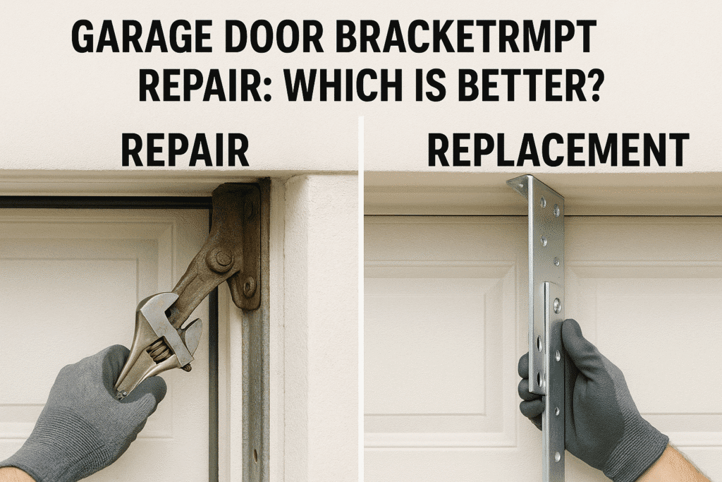 Garage door bracket replacement showing technician installing a new metal bracket securely.