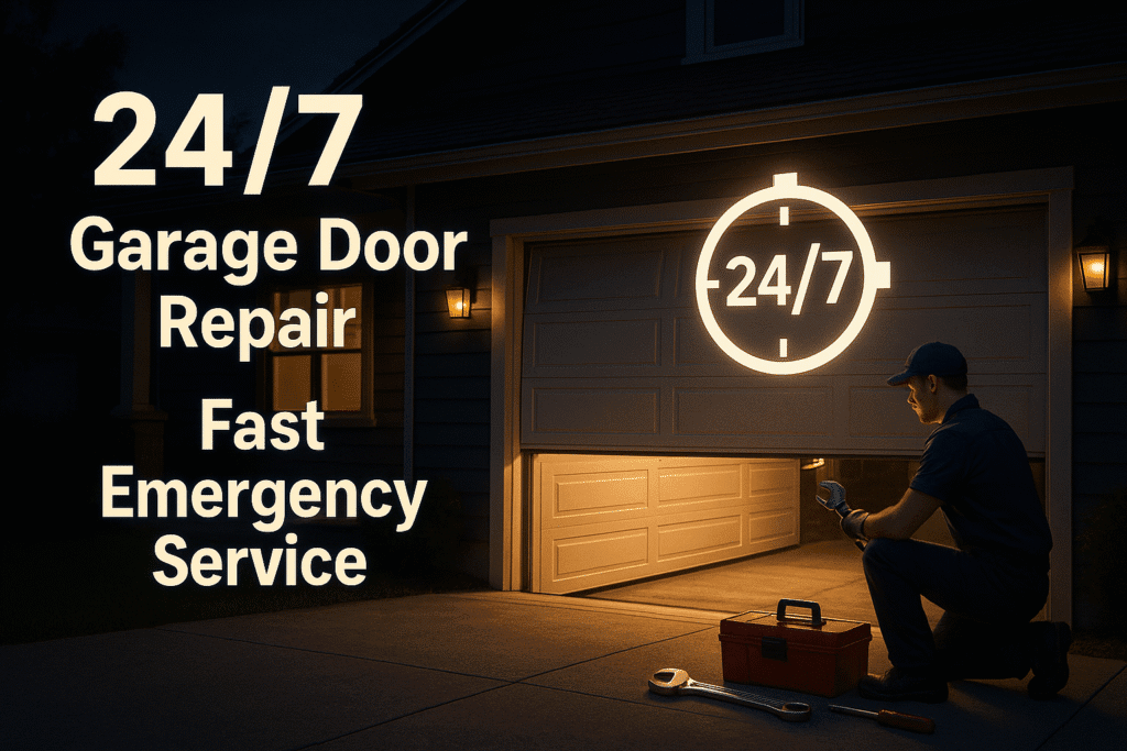 Technician providing 24/7 emergency garage door repair service at night with tools.