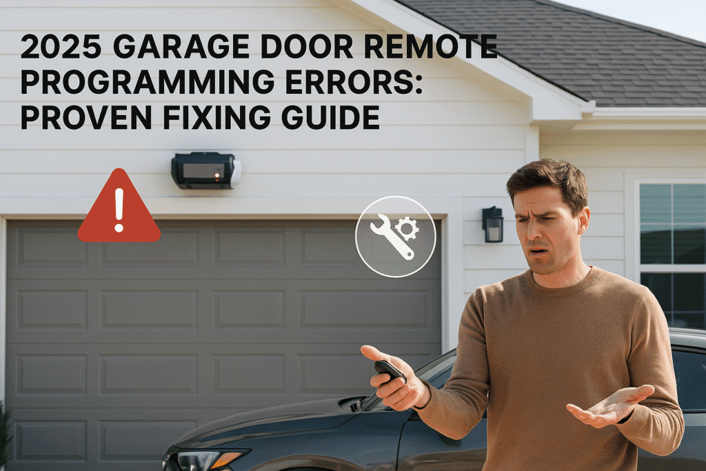 Technician troubleshooting garage door remote programming errors with control panel.
