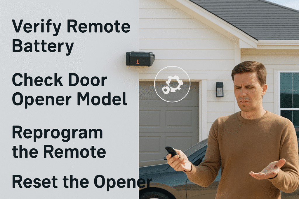 Technician fixing garage door remote programming errors using keypad and remote control.
