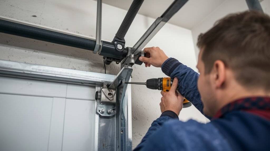 Close-up of garage door hinges providing support and smooth door movement.