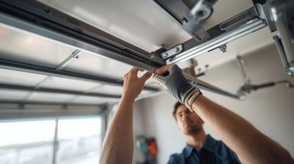 Sturdy garage door hinges ensuring smooth opening and closing of the door.