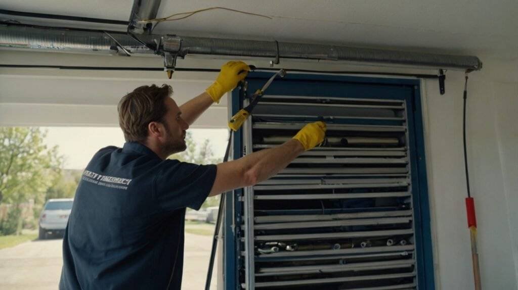 Garage door torsion spring repair with technician adjusting coil spring mechanism.