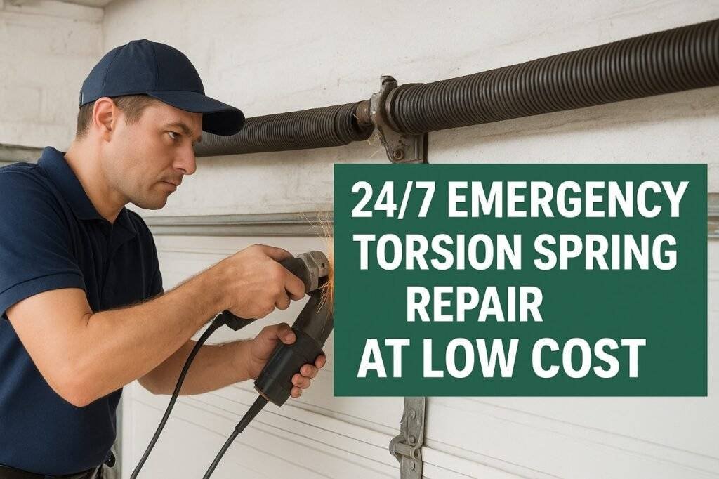 Technician repairing a garage door torsion spring with professional tools.