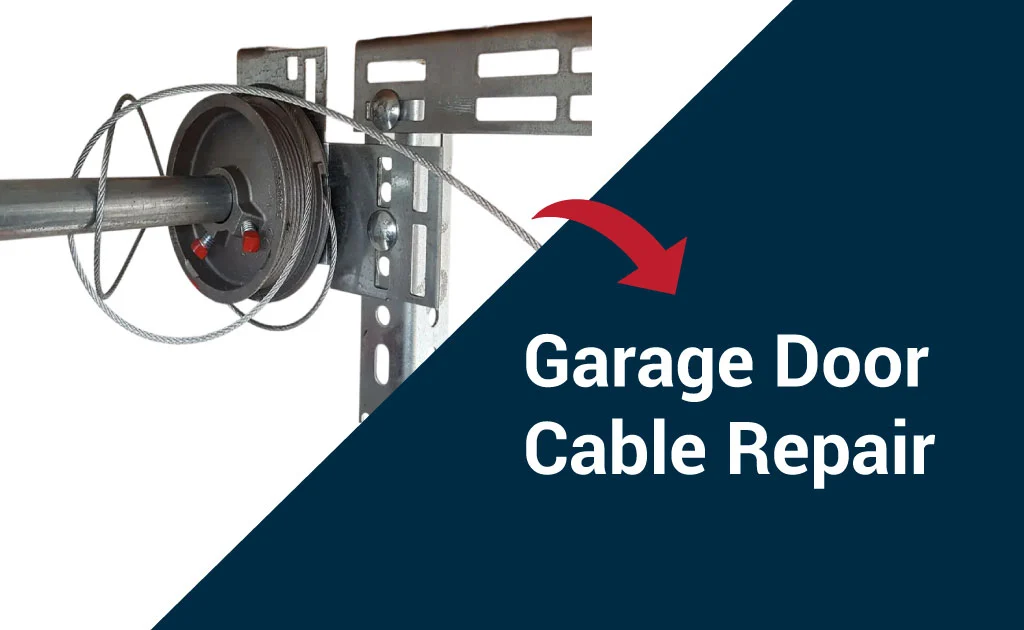 Broken garage door cable repair by technician fixing a snapped cable for safe operation.
