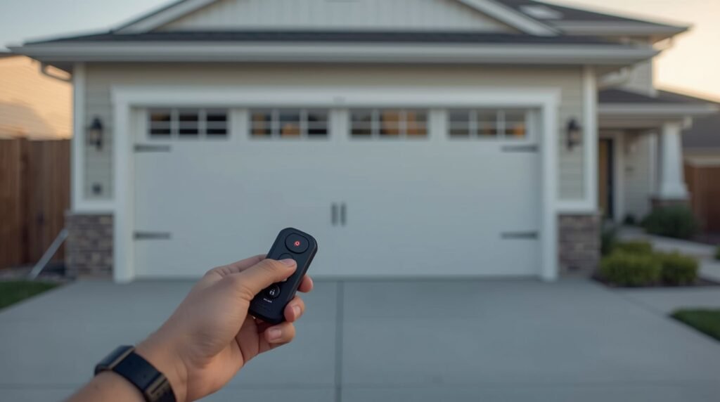 Person using a garage door remote control to open a residential garage door.