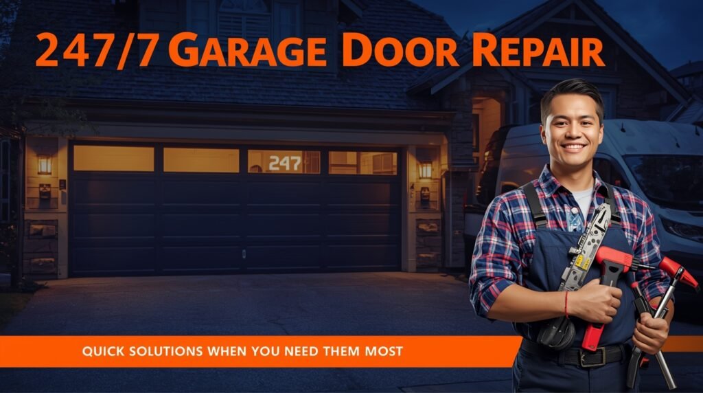 Skilled technician repairing a residential garage door for safe and smooth operation.