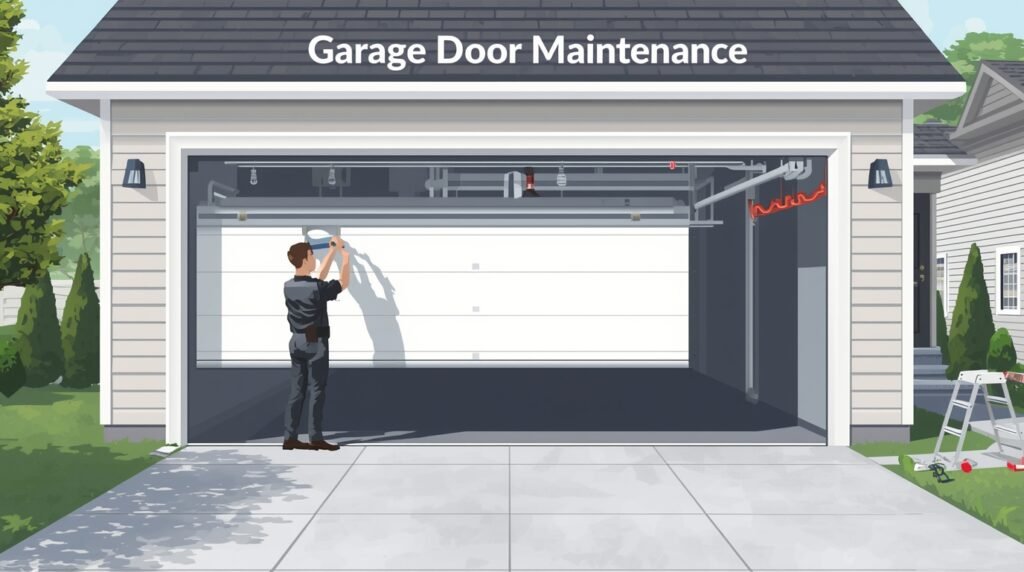 Technician performing routine garage door maintenance to ensure smooth and safe operation.