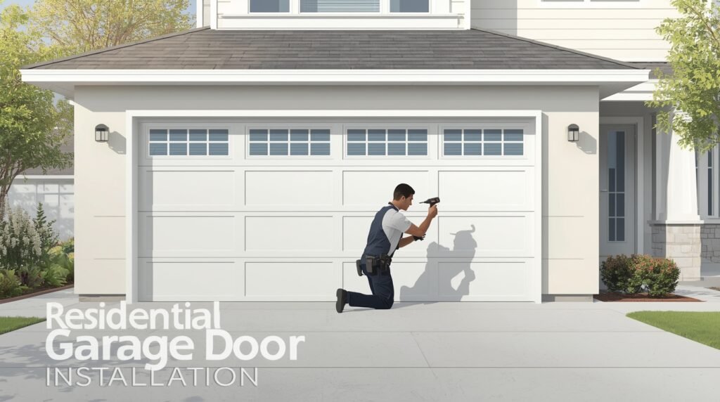 Technician installing a new residential garage door for a secure and modern home.