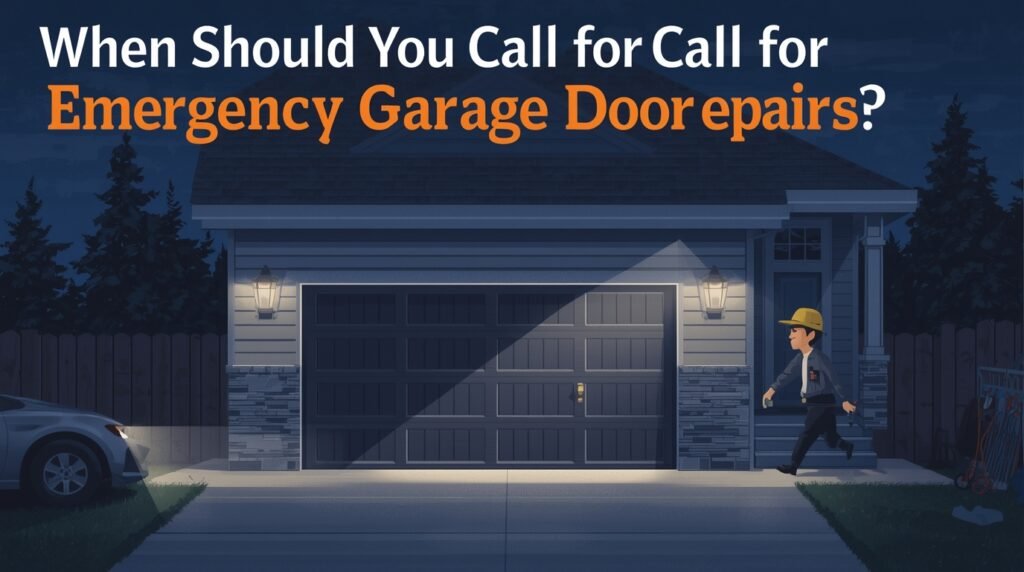 Technician performing garage door repair on a damaged metal door track.