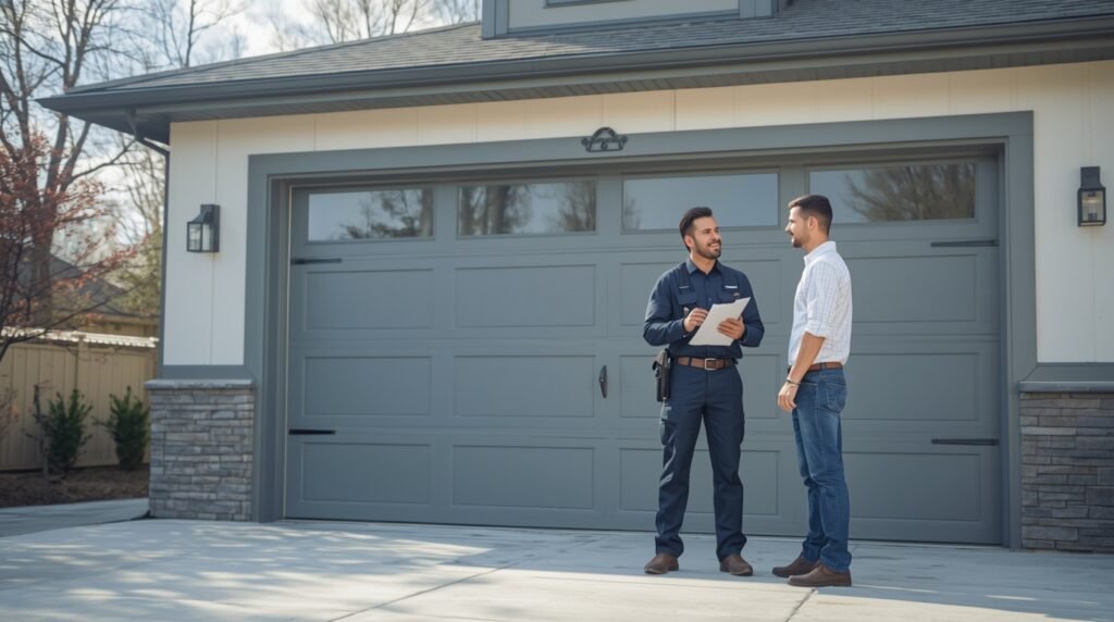 Technician performing garage door service to maintain smooth and safe door operation.