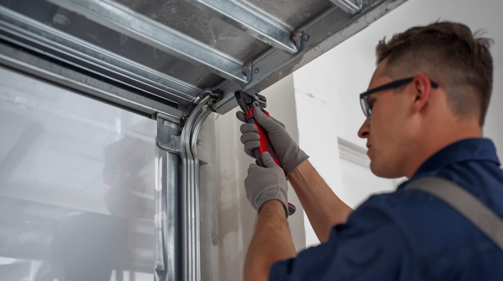 Technician adjusting a garage door track to ensure smooth and aligned door movement.