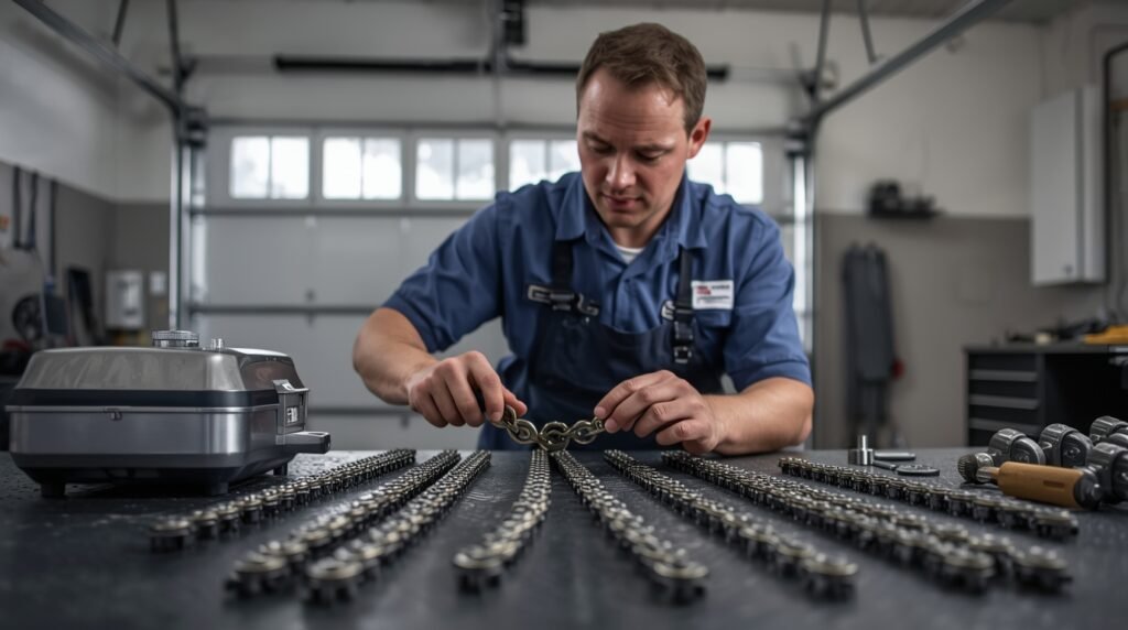 Garage door chain mechanism providing smooth and controlled door movement.