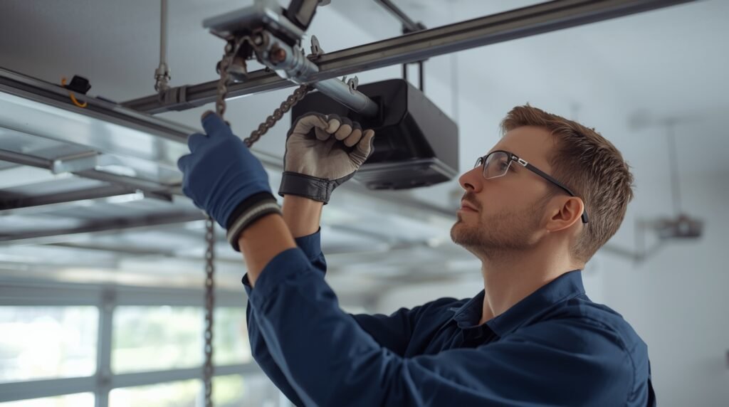 Close-up of a garage door chain mechanism used for smooth and reliable door movement.