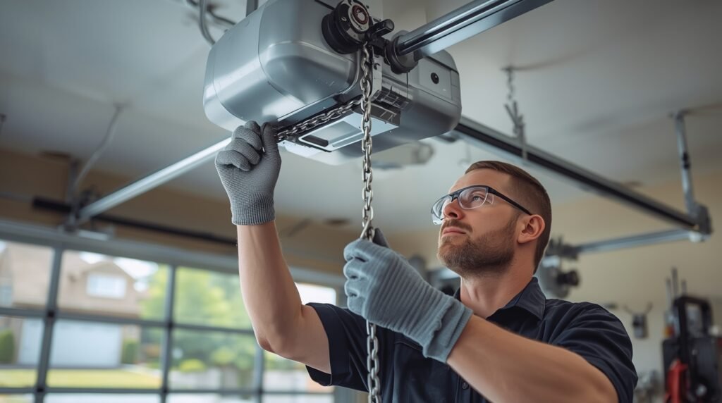 Close-up of a durable garage door chain system ensuring smooth door operation.