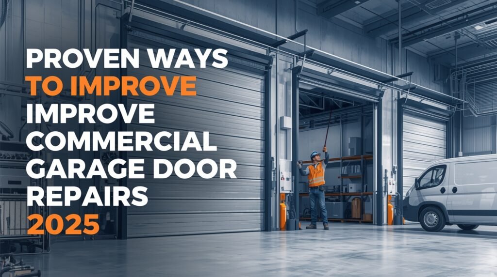 Technician performing commercial garage door repair on an industrial building.