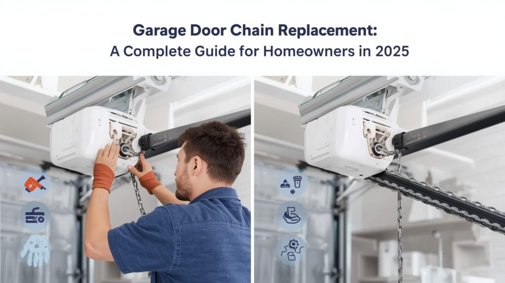 Close-up of a strong garage door chain used in an automatic garage door opener