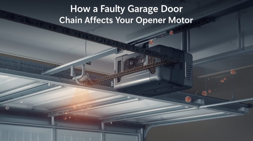 Faulty garage door chain causing strain on the opener motor"