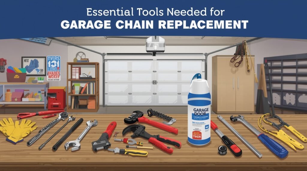 "Essential tools laid out for performing a garage door chain replacement"