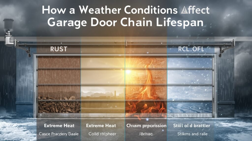 "Garage door chain exposed to different weather conditions affecting its lifespan"