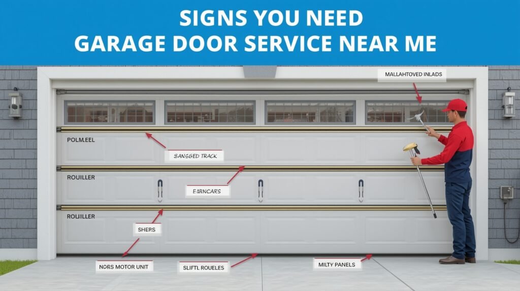 Professional technician examining a garage door and identifying common signs that indicate the need for local service, especially during changing weather conditions.