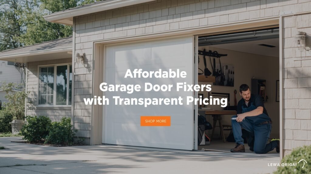 Affordable garage door fixer inspecting and repairing a garage door with transparent pricing options displayed.