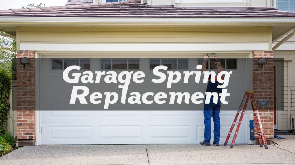 Professional technician replacing a garage door spring, ensuring safe and reliable operation despite varying weather conditions.