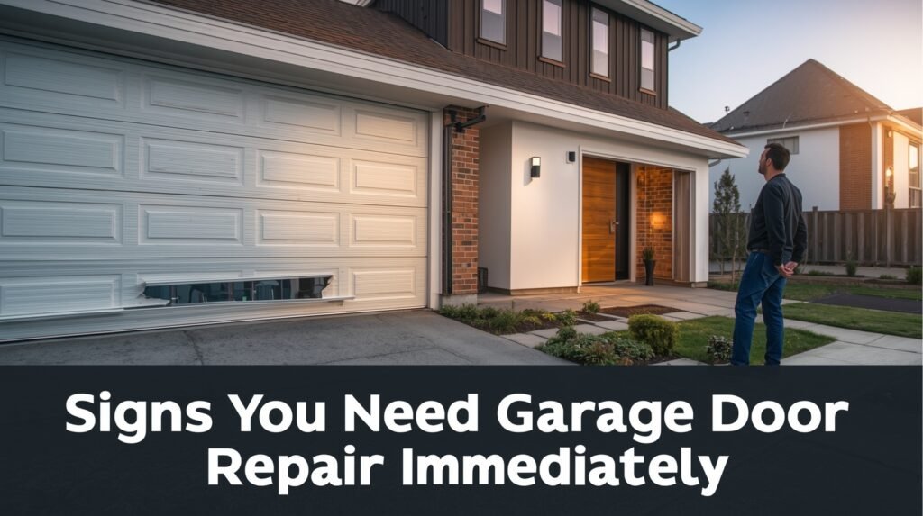Professional technician inspecting a malfunctioning garage door and identifying urgent signs that require immediate repair, regardless of weather conditions.