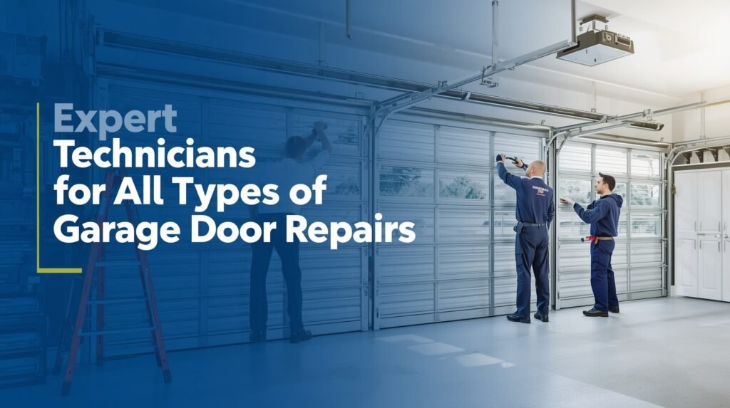 Professional garage door technician performing repairs in challenging weather conditions, ensuring safe and reliable garage door operation.
