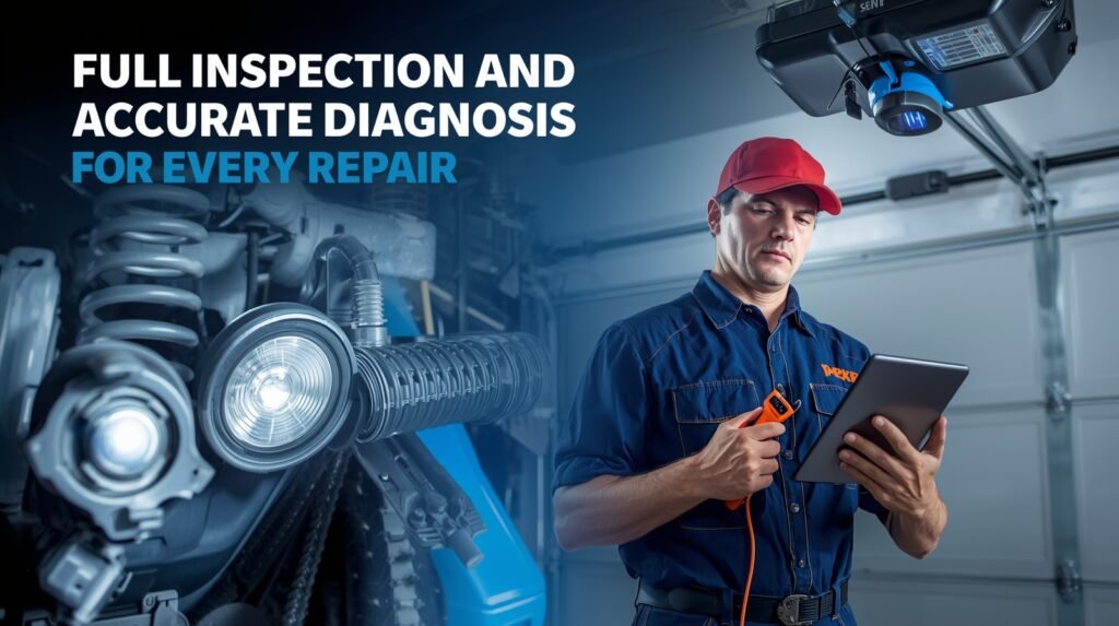 Professional garage door technician performing a full inspection and accurate diagnosis of repair issues, even in varying weather conditions.