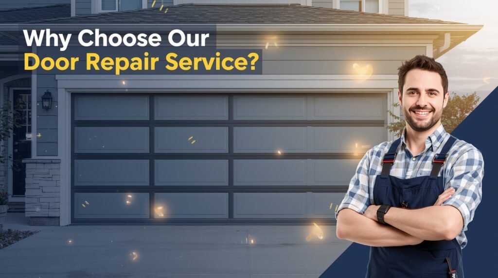 Professional garage door technician explaining why homeowners should choose a trusted garage door repair service, regardless of weather conditions.