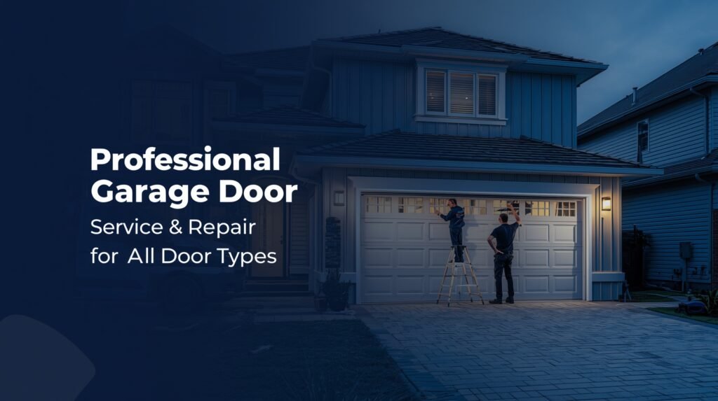 Professional garage door technician servicing and repairing various types of garage doors in different weather conditions
