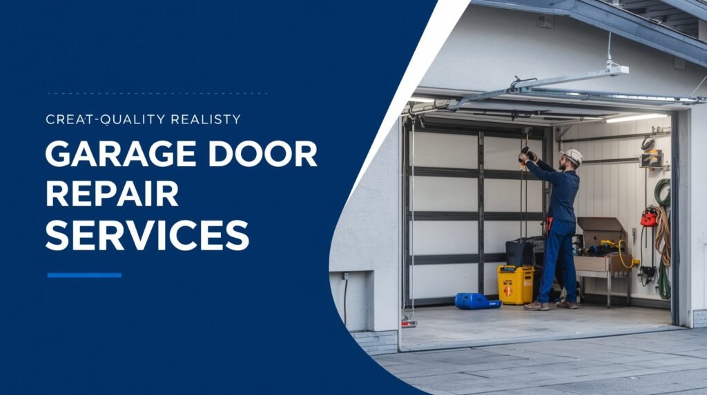 Technician repairing a garage door affected by extreme weather conditions, ensuring safe and reliable operation.
