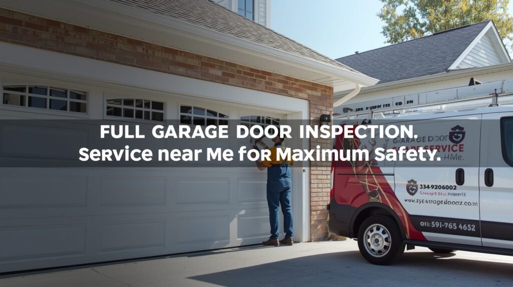 Professional technician performing a full garage door inspection to ensure maximum safety, even in changing weather conditions.