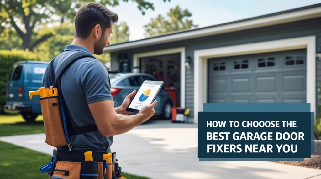 Homeowner reviewing professional garage door fixer options with tools and repair equipment displayed in the background.