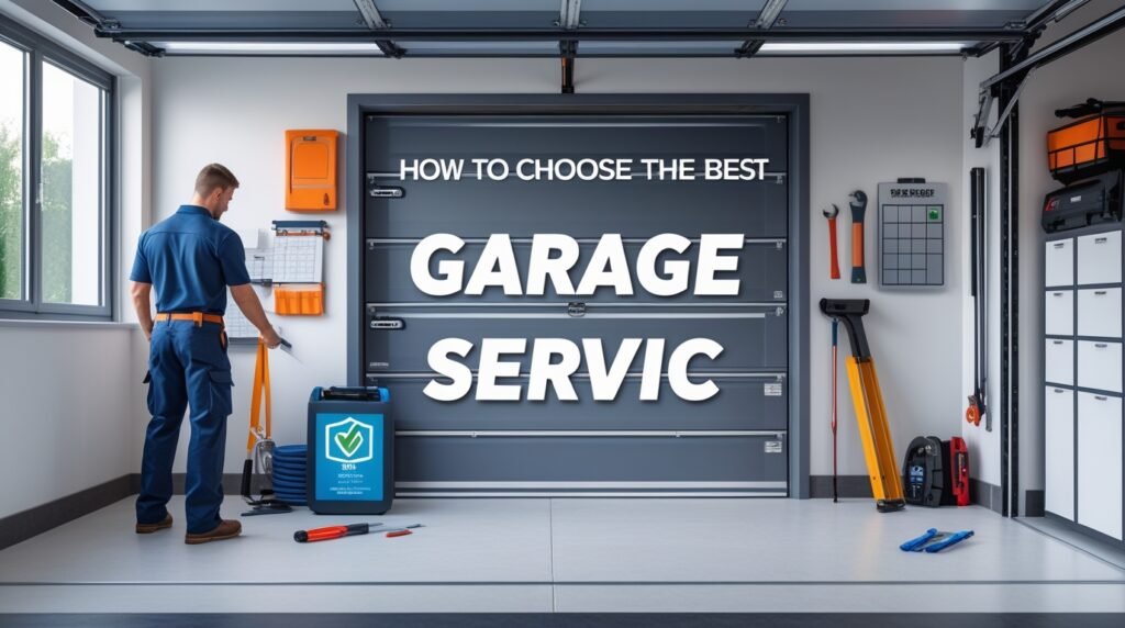 Homeowner consulting a professional technician to choose the best garage door repair service for weather-related damage.