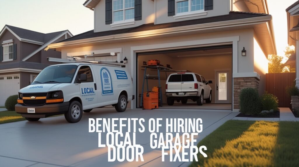 Local garage door technician inspecting and repairing a residential garage door with tools in hand.