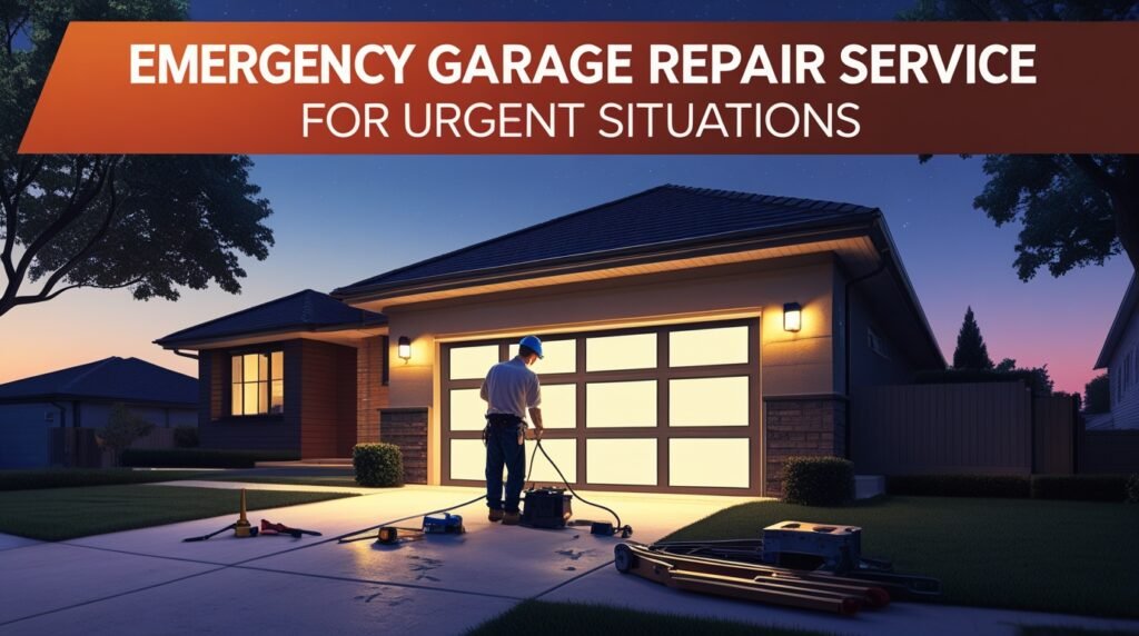 “Landscape image with the heading text: ‘Emergency Garage Repair Service for Urgent Situations’ written at the top in bold modern font. A technician repairs a damaged garage door at night with flashing warning lights, tools on the ground, realistic metal textures, dramatic lighting, modern suburban home, cinematic detail, 16:9 ratio.”