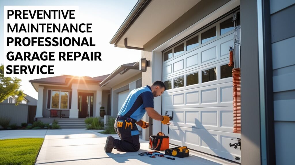Technician performing preventive garage door maintenance to protect the system from weather-related wear and damage.