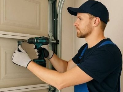 Professional garage door fixers repairing and maintaining a residential garage door.